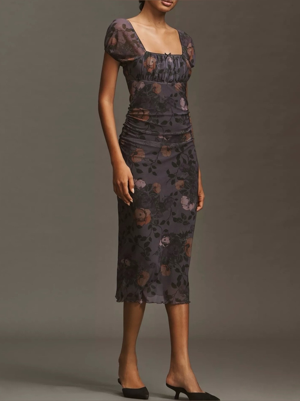 Maeve Purple Puff-Sleeve Floral Mesh Square-Neck Midi Dress  Size Small